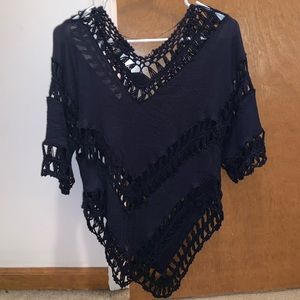 Lace, navy blue blouse.